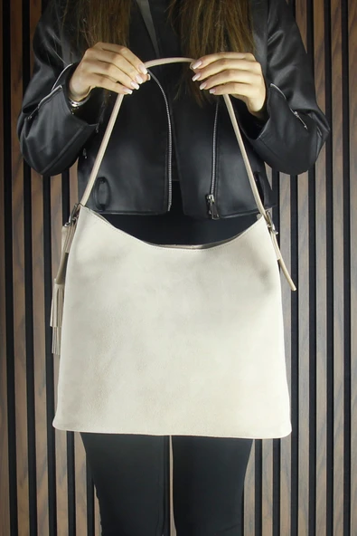 Erkan Saçmacı Bej Hakiki Dana Süet Püsküllü Manyetik Kapaklı Büyük Boy Günlük Omuz Çantası ve El Çantası - 5