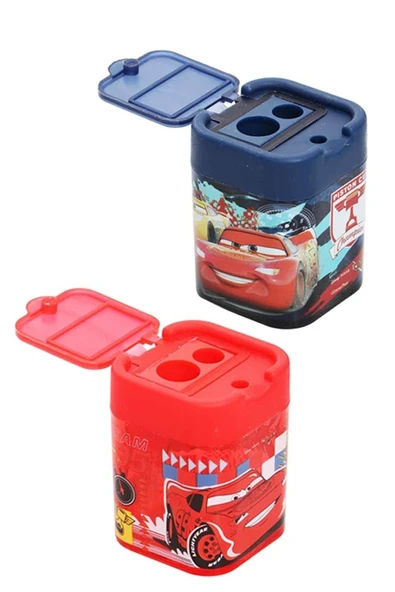 2 li Kalemtraş 2 Adet Arabalar Kırmızı ve Mavi Geniş Hazneli Çift Bıçaklı Kalem Traş No1 Figürlü Jumbo Kalemtıraş - 2