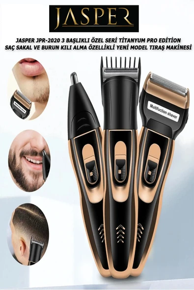 Jasper JPR-2020 3 Başlıklı Özel Seri Titanyum Pro Edition Saç Sakal  Burun Kılı Alma Tıraş Makinesi - Resim 2