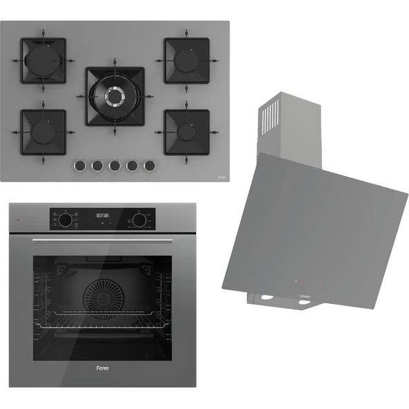 Ferre FLOWART-SILENTART Serisi Gri Set (SS038 + QBL63CPR +D079-SA) - Emaye Izgara / 75 cm Ocak ürün görseli 1