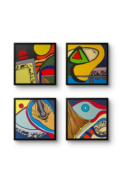 Feoly Art Modern Soyut 4’lü Tablo Seti – El Boyaması – 22x22 Ev Dekorasyon Tablosu – MDF Üzeri Akrilik