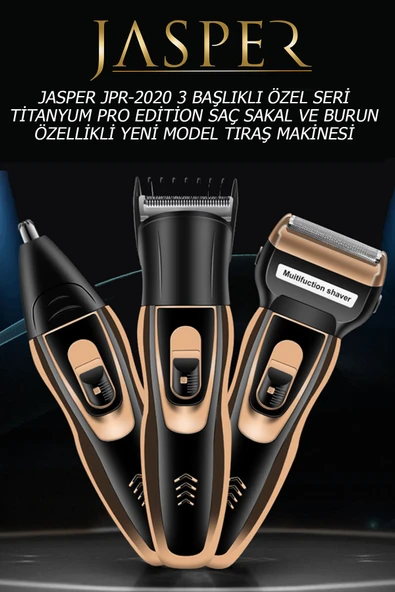 Jasper JPR-2020 3 Başlıklı Özel Seri Titanyum Pro Edition Saç Sakal  Burun Kılı Alma Tıraş Makinesi - Resim 4