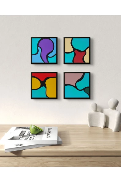 Feoly Art Modern Soyut 4’lü Tablo Seti – El Boyaması – 22x22 Ev Dekorasyon Tablosu – MDF Üzeri Akrilik