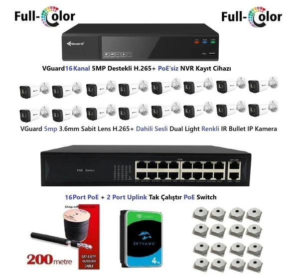 VGuard 5mp Dahili Sesli Ve Gece Renkli 16 Kameralı Tak Çalıştır Hazır IP Kamera Seti 4TB Disk ürün görseli 1