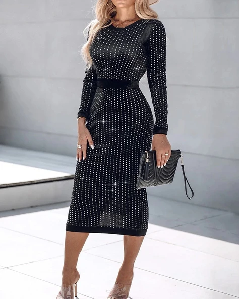 MDB Kadın Uzun Kollu Bisiklet Yaka Taşlı Midi Kadife Elbise ürün görseli 1