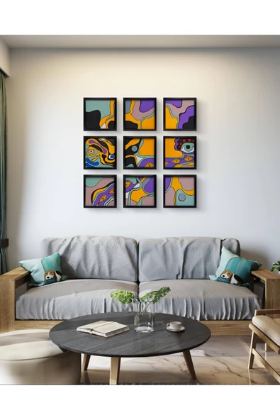 Feoly Art Modern Soyut 9`lu Tablo – El Boyaması – 22x22 Ev Dekorasyon Tablosu – MDF Üzeri Akrilik - 2