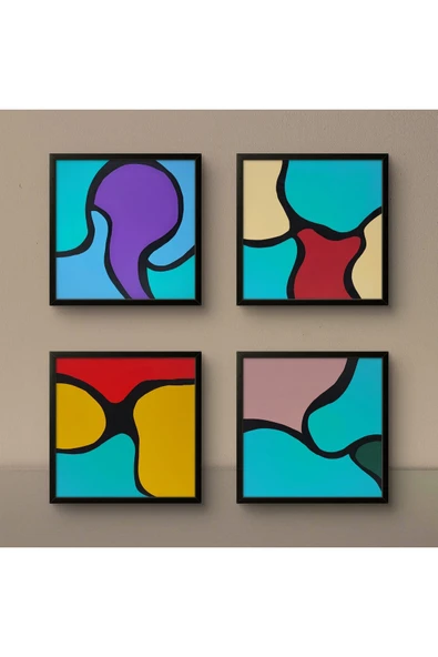 Feoly Art Modern Soyut 4’lü Tablo Seti – El Boyaması – 22x22 Ev Dekorasyon Tablosu – MDF Üzeri Akrilik - 4