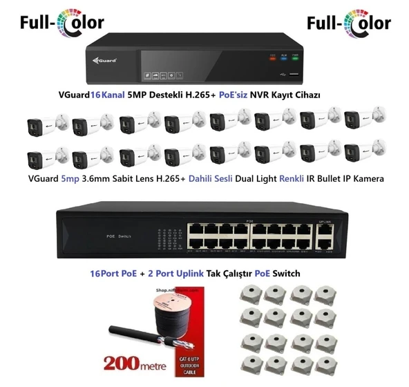 VGuard 5mp Dahili Sesli Ve Gece Renkli 16 Kameralı Tak Çalıştır Hazır IP Kamera Seti Disk Yoktur ürün görseli 1