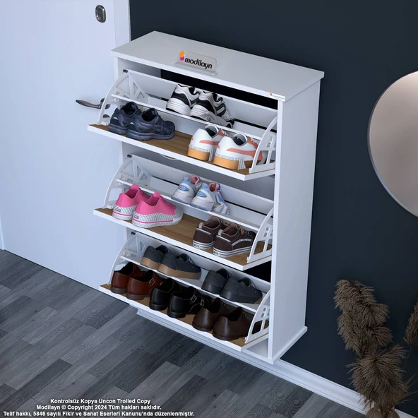 Modilayn VARBİ Asma Antre Hol 72x115x26 cm’ lik 3 Düşer Kapak 6 Göz Bölmeli Ayakkabılık - Resim 3