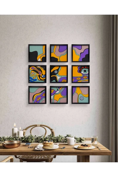 Feoly Art Modern Soyut 9`lu Tablo – El Boyaması – 22x22 Ev Dekorasyon Tablosu – MDF Üzeri Akrilik - 3