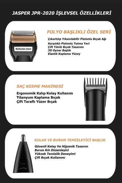 Jasper JPR-2020 3 Başlıklı Özel Seri Titanyum Pro Edition Saç Sakal  Burun Kılı Alma Tıraş Makinesi - Resim 6