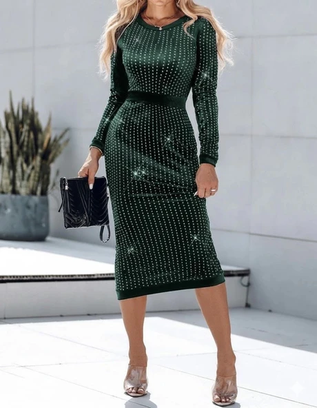 MDB Kadın Uzun Kollu Bisiklet Yaka Taşlı Midi Kadife Elbise - Resim 4