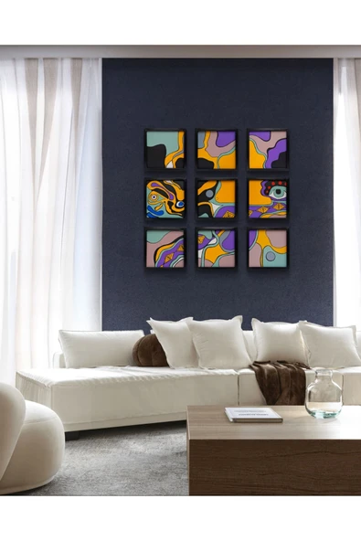 Feoly Art Modern Soyut 9`lu Tablo – El Boyaması – 22x22 Ev Dekorasyon Tablosu – MDF Üzeri Akrilik