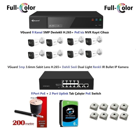 VGuard 5mp Dahili Sesli Ve Gece Renkli 8 Kameralı Tak Çalıştır Hazır IP Kamera Seti 6TB Disk ürün görseli