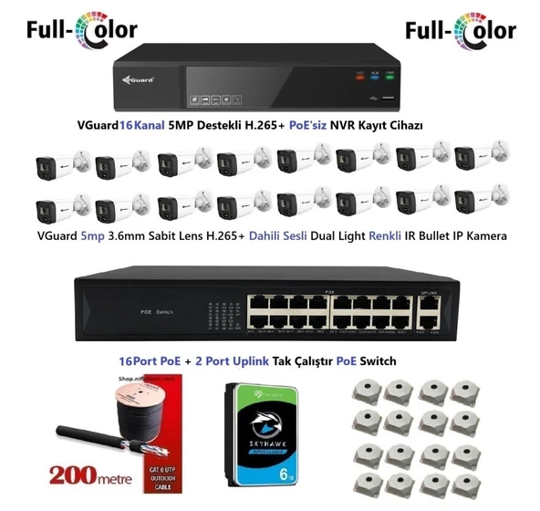 VGuard 5mp Dahili Sesli Ve Gece Renkli 16 Kameralı Tak Çalıştır Hazır IP Kamera Seti 6TB Disk ürün görseli 1