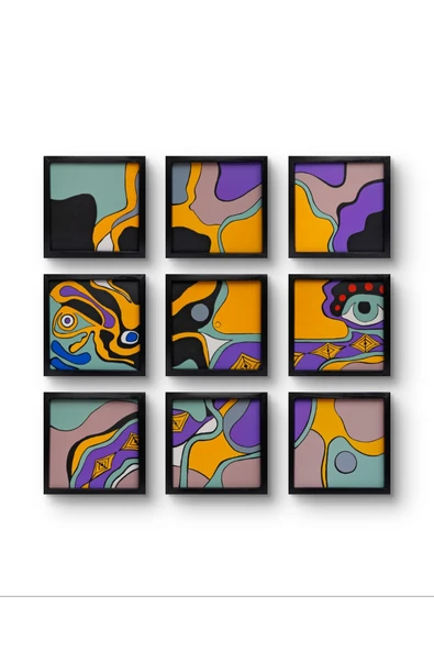 Feoly Art Modern Soyut 9`lu Tablo – El Boyaması – 22x22 Ev Dekorasyon Tablosu – MDF Üzeri Akrilik - 4