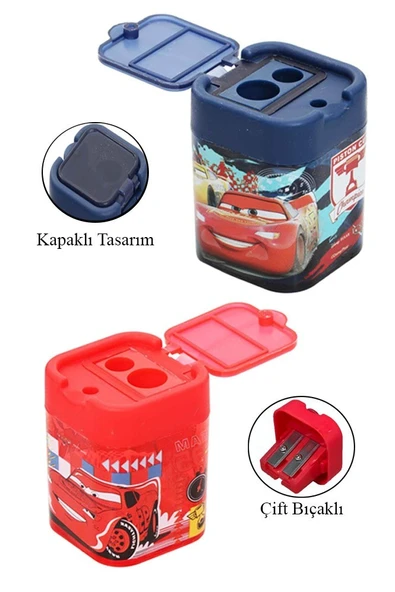 2 li Kalemtraş 2 Adet Arabalar Kırmızı ve Mavi Geniş Hazneli Çift Bıçaklı Kalem Traş No1 Figürlü Jumbo Kalemtıraş