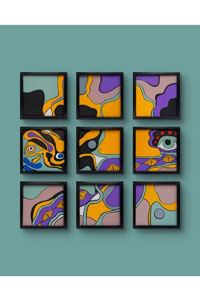 Feoly Art Modern Soyut 9`lu Tablo – El Boyaması – 22x22 Ev Dekorasyon Tablosu – MDF Üzeri Akrilik - 6