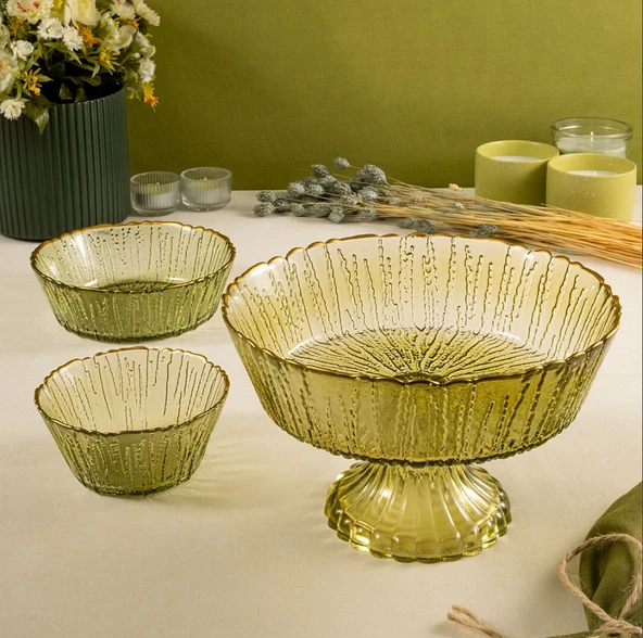 Fecra Rita 3'lü Cam Kase Seti Yeşil Altın Fileli - 4