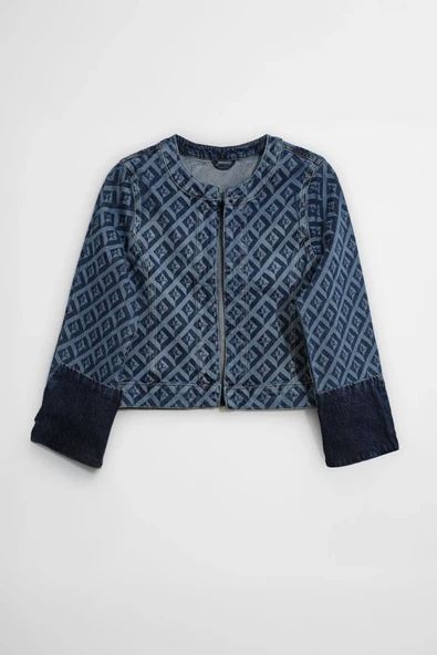 Kadın Modern Desenli Önü Açık Jean Ceket - Resim 7