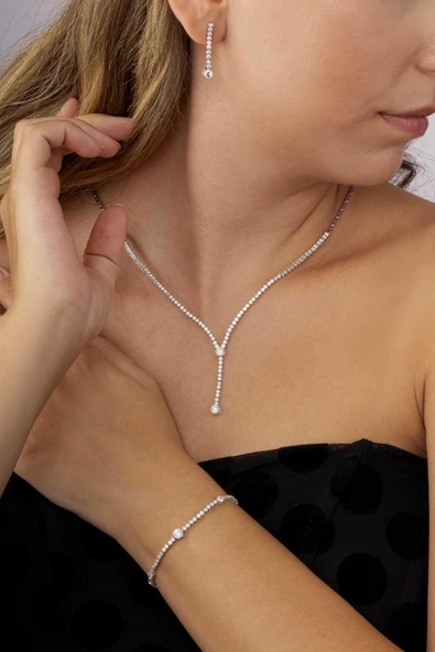 Gümüş Pazarım Tektaş Detaylı Su Yolu Rodyum Kaplama 925 Ayar Gümüş Düğün Seti - 3