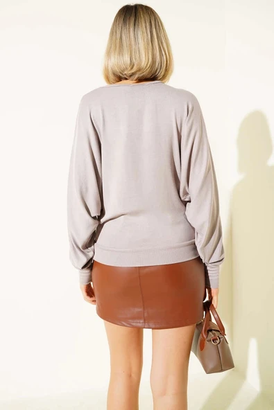 BİÇOMİ Yarasa Kol Salaş Bluz Vizon T4273 - Resim 3