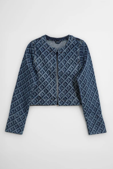 Kadın Modern Desenli Önü Açık Jean Ceket - 5