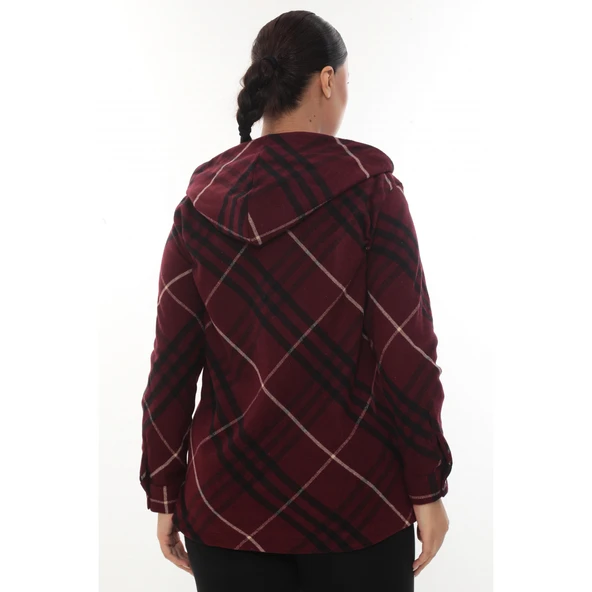 Büyük Beden Rahat Kalıp Kapüşonlu Oduncu Kadın Gömlek Hırka - 3