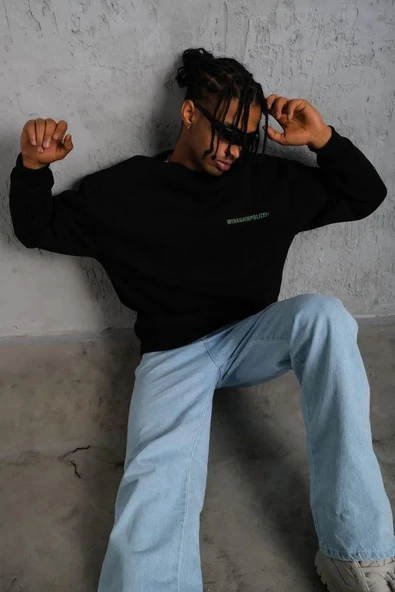Erkek Oversize Sweatshirt – Siyah Renk | Ön ve Sırt Baskılı, Üç İplik İçi Pamuklu Kumaş, Rahat Kalıp, Ribanalı Kışlık Sw - Resim 3