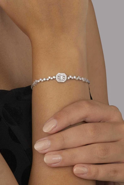 Gümüş Pazarım Pırlanta Montür Sıralı Tek Taş Rodyum Kaplama Baget Gümüş Bileklik ürün görseli 1