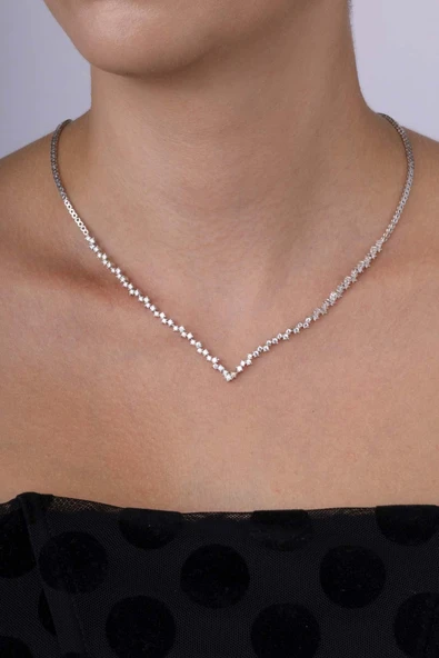 Gümüş Pazarım Pırlanta Montür Rodyum Kaplama 4 Tırnaklı Su Yolu Gümüş Kolye - Resim 2