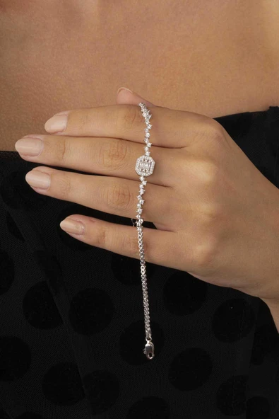 Gümüş Pazarım Pırlanta Montür Sıralı Tek Taş Rodyum Kaplama Baget Gümüş Bileklik - Resim 2