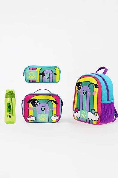 United Colors of Benetton Gökkuşağı Anaokulu Çanta Seti( Çanta+ Beslenme+ Kalemlik+ Yeşil Matara )