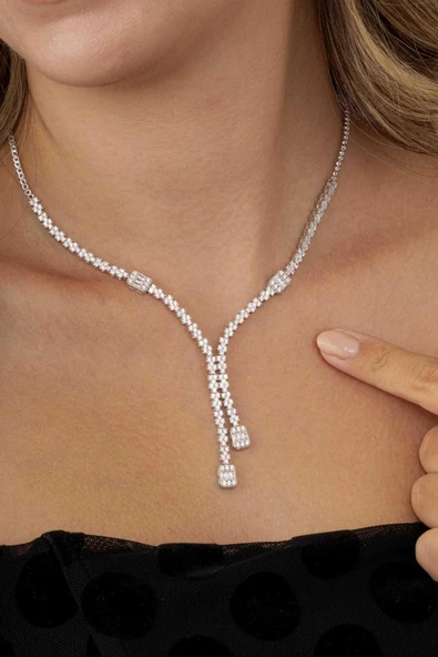 Gümüş Pazarım Baget Taşlı Rodyum Kaplama Su Yolu 925 Ayar Gümüş Kolye ürün görseli 1