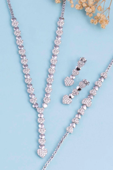 Gümüş Pazarım Rodyum Kaplama 925 Ayar Gümüş Kalpli Süzme Su Yolu Gümüş Düğün Seti - 4