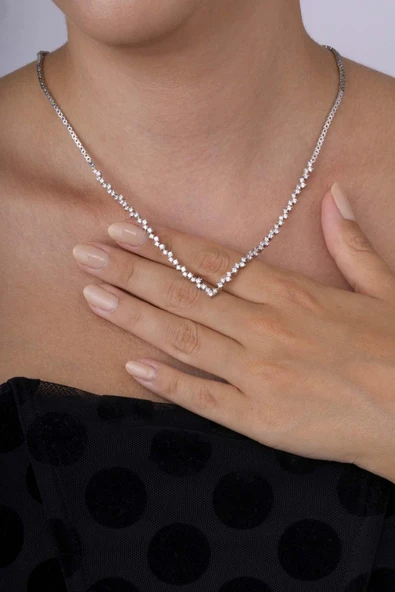 Gümüş Pazarım Pırlanta Montür Rodyum Kaplama 4 Tırnaklı Su Yolu Gümüş Kolye - Resim 3