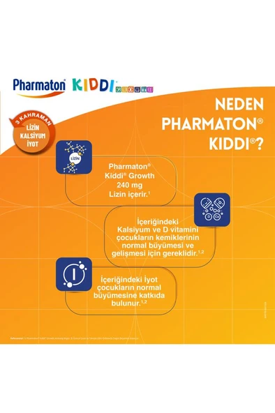 Pharmaton Kiddi Growth Kalsiyum Vitamin D İyot İçeren Takviye Edici Gıda Meyve Aromalı Şurup 200 ml - Resim 3
