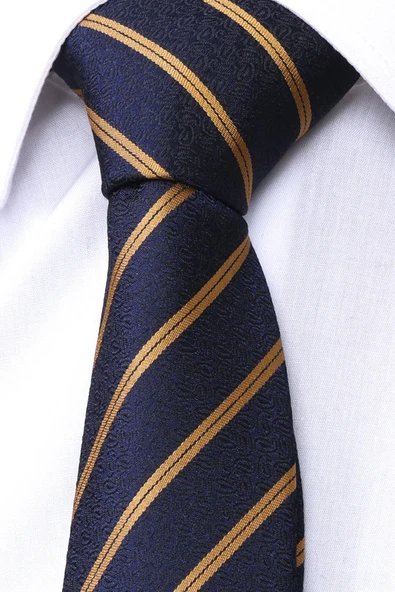 Esgue Hand Made 7.5 cm Gold Sarı & Lacivert Çizgili Desen Mendilli Kravat - Resim 4