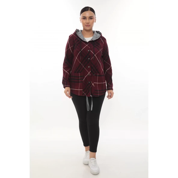 Büyük Beden Rahat Kalıp Kapüşonlu Oduncu Kadın Gömlek Hırka - 4