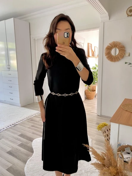 Kadın Uzun Kollu Bisiklet Yaka Midi Ithal Krep Elbise - Resim 6