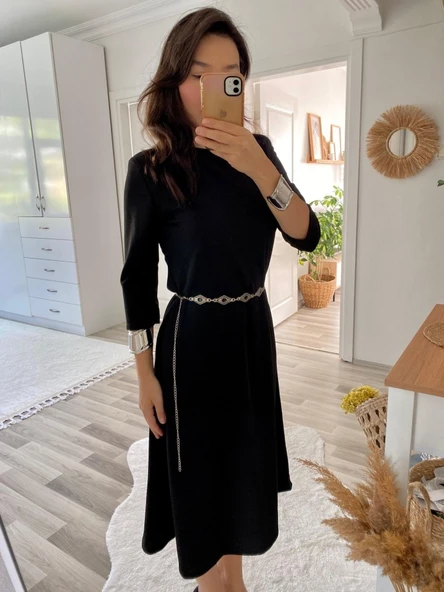 Kadın Uzun Kollu Bisiklet Yaka Midi Ithal Krep Elbise - Resim 5