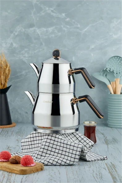 Cooker Everest 18/10 Paslanmaz Çelik Aile Boy Çaydanlık 1,40 L Demlik 2,75 L Alt Hazne ürün görseli 1