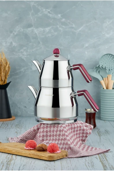 Cooker Everest 18/10 Paslanmaz Çelik Aile Boy Çaydanlık 1,40 L Demlik 2,75 L Alt Hazne ürün görseli 1