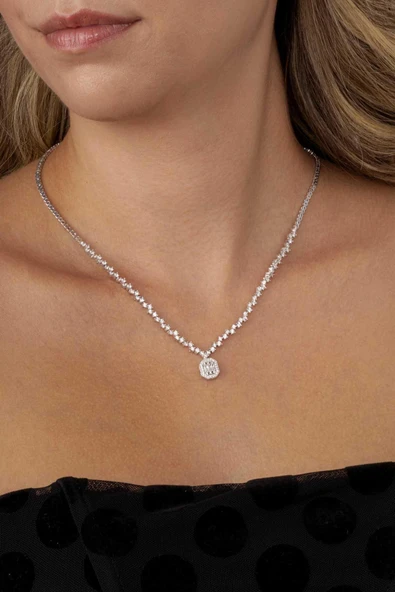 Gümüş Pazarım Pırlanta Montür Sıralı Tek Taş Rodyum Kaplama Baget Gümüş Kolye - Resim 2