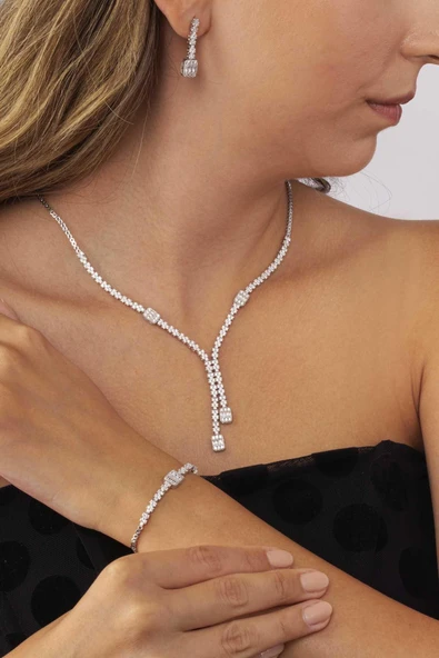 Gümüş Pazarım Baget Taşlı Rodyum Kaplama Su Yolu 925 Ayar Gümüş Düğün Set - 2