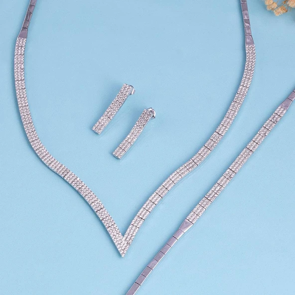 Gümüş Pazarım V Pırlanta Model Su Yolu Süzme 925 Ayar Gümüş Düğün Seti - 4