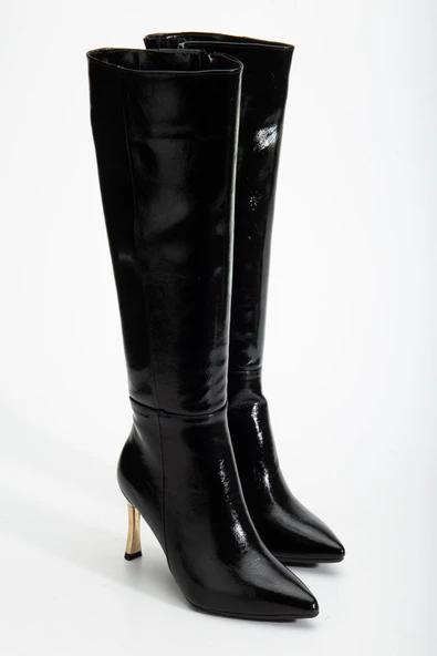 Kadın Siyah Rugan Sivri Burun İnce Topuklu Çizme - Resim 2