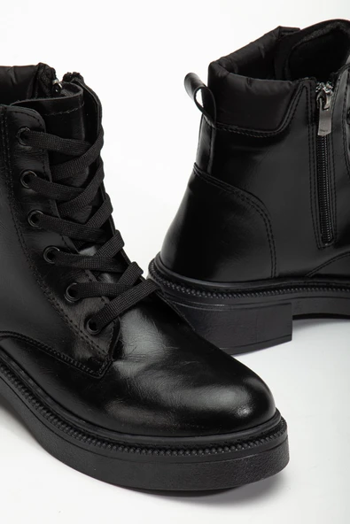 Kadın Siyah Cilt Bağcık Ve Fermuarlı Postal Bot - 4