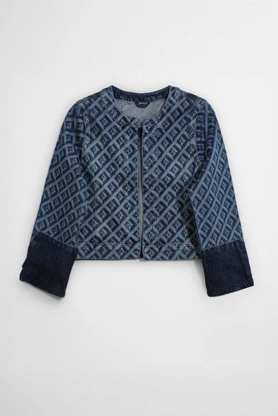 Kadın Modern Desenli Önü Açık Jean Ceket - 7