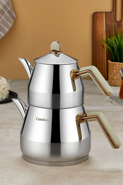 Cooker Everest 18/10 Paslanmaz Çelik Orta Boy Çaydanlık 0,75 L Demlik 1,75 L Alt Hazne - Resim 2